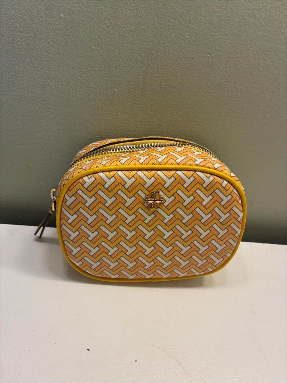Tory Burch Yellow Patterned makeup Bag with Gold Accent